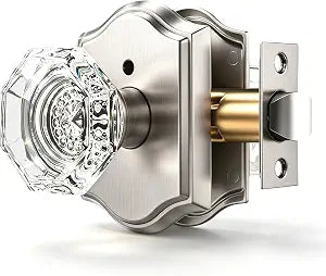 Orger Octagonal Crystal Door Knob 1 Pack, Interior Privacy Door Handle for Bed/Bathroom with Pin Lock Inside, Satin Nickel Vintage Rosette Door Knob with Heavy Duty Genuine Glass