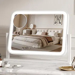Vanity Mirror with Lights, 16.5"12.2" LED Makeup Mirror, Rounded Frame, 10X Magnification, Smart Touch with 3-Color Lighting, Dimmable, 360 Rotation, Lighted Up for Makeup Desk, Bedroom (White)