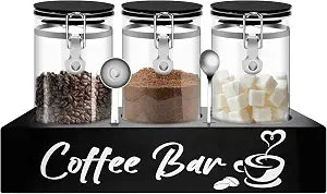MACIFECI Glass Coffee Containers with Shelf Coffee Station Organizer 54oz Black Glass Coffees Bean Storage Canister with Spoon Coffee Canister Set Kitchen Food Storage Jars for Coffee/Sugar/Candy