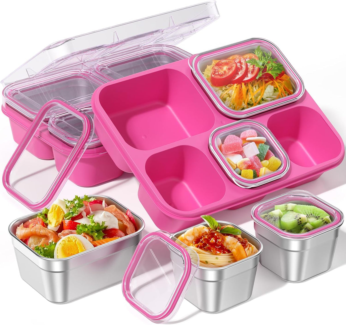BiuLeon Snackle Box Containers, Stainless Steel 5 Compartments Divided Serving Tray with Lid, Removable LeakProof Portable Bento Box for Fruit Candy Nuts Food - School, Picnic and Travelï¼ˆPinkï¼‰