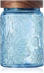 Glass Jar with Airtight Wood Lid  24 OZ Vintage Storage Canister for Kitchen Pantry Bathroom, Decorative Beautiful Container for Candy, Sugar, Coffee, Cookie, Tea, Salt, Treat, Snack, Blue Sunflower
