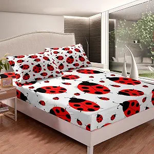 Feelyou Ladybug Bedding Set Cute Bug Pattern Bed Sheet Set for Boys Girls Entomology Fitted Sheet Kids Toddler Twin Size Includes 1 Sheets & 1 Pillowcase (No Flat Sheet)