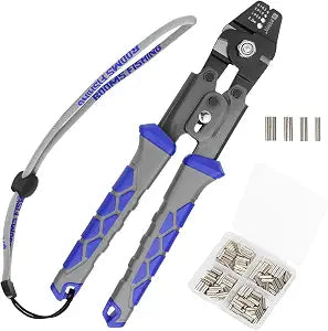 Booms Fishing Crimping Tool Kit: 10.6in Fishing Crimping Pliers with 140pcs Double Barrel Sleeves - Up to 2.2mm Crimper, XW40