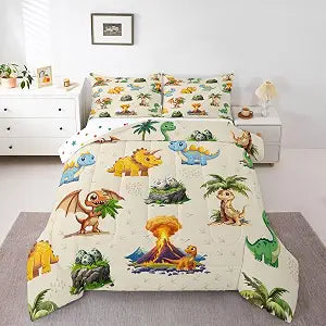 jejeloiu Cartoon Dinosaur Bedding Set Soft for Boys Girls, Jungle Dino Comforter Set Twin Size Wild Animal Duvet Quilt Microfiber Bedroom Decor 2 Pcs with 1 Pillow Cases