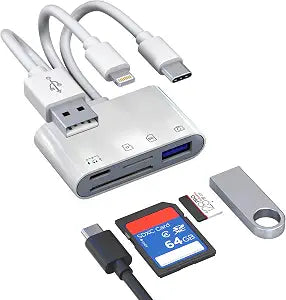 Digital Camera Photo Transfer to iPhone with Lightning/USB-C/A, TF/SD Card Reader for iPhone with USB A/USB C Charge+Data Female Ports, 4-in-1 OTG Adapter for Digital Camera Transfer & USB Flash Drive