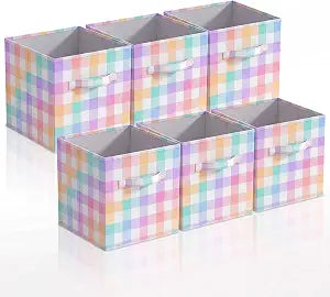 Chunful 6 Pcs 11 Inch Fabric Cube Storage Bin Collapsible, Rainbow Plaid