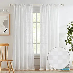 Melodieux Off White Gingham Sheer Curtains 45 Inch Length for Kitchen Small Window, Bedroom Buffalo Check Plaid Cotton Texture Rod Pocket Sheer Drapes, 54" W x 45" L (2 Panels)