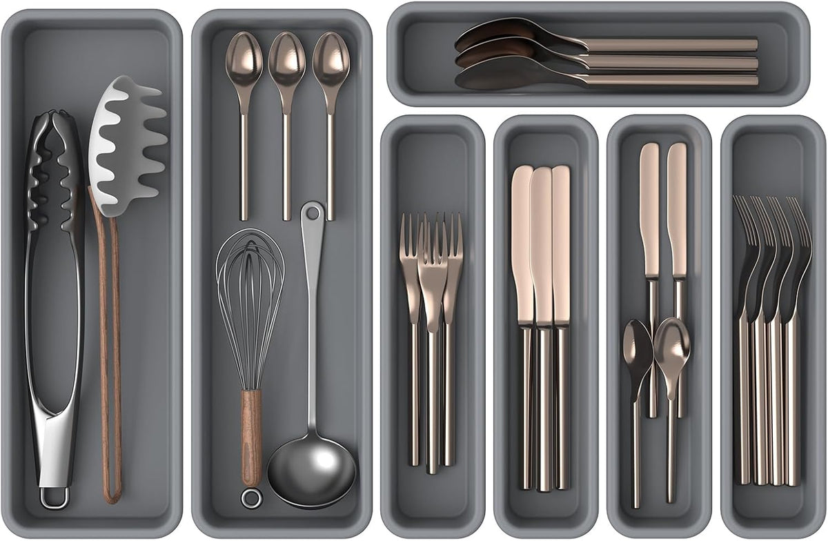 7 Pack Silicone Silverware Drawer Organizer, DIY Free Combination Kitchen Drawer Organizer, Utensil Organizer, Moisture-proof and Heat-resistant up to 200C, Anti-slip Design (Grey)