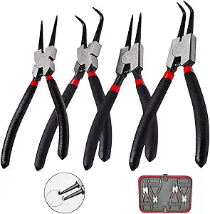 4PC 7" Snap Ring Pliers Set, Internal/External Circlip Pliers Kit with Straight+Bent Jaw Tips, Heavy Duty C Clamp Pliers for Automotive Tools
