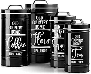 DAYYET Black Canisters Sets for the Kitchen, Airtight Kitchen Canisters for Countertop, Flour and Sugar Containers, Tea Coffee Sugar Canister Set, Black Kitchen Decor and Accessories, Set of 4