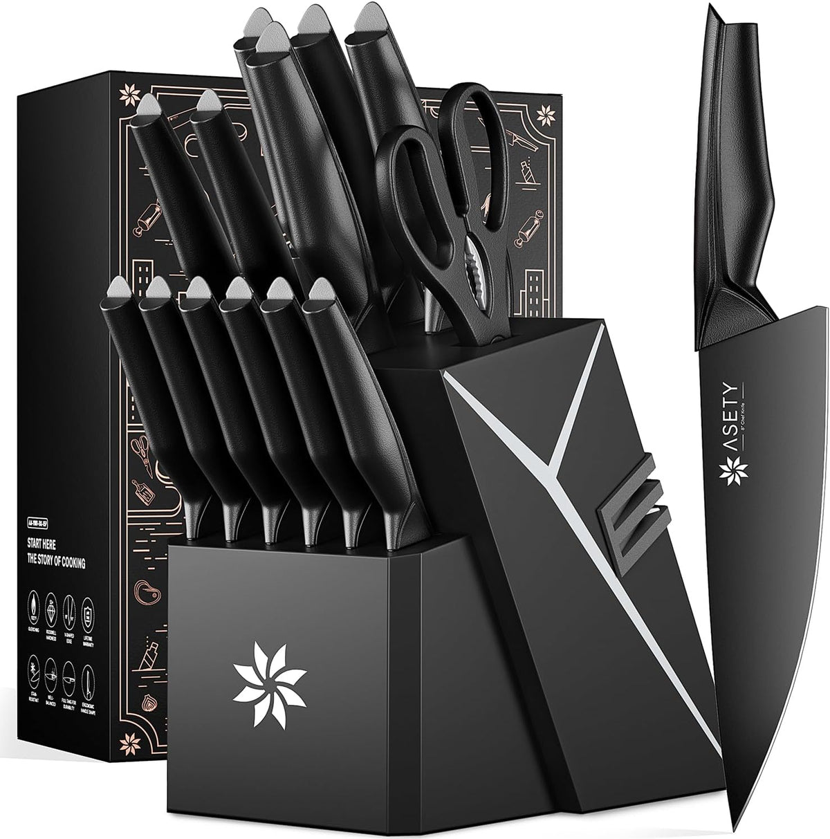 ASETY Kitchen Knife Set, 15 PCS Knife Block Set, Dishwasher Safe, Black