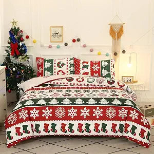 Mengersi Christmas Snowflakes Duvet Cover Queen Size,Xmas Trees Holiday Bedding Comforter Cover with Zipper Closure,Home Decoration for New Year r (Green)