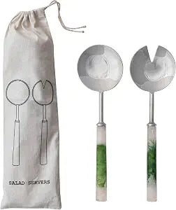 Creative Co-Op 2-Piece Stainless Steel Salad Servers, Green and White