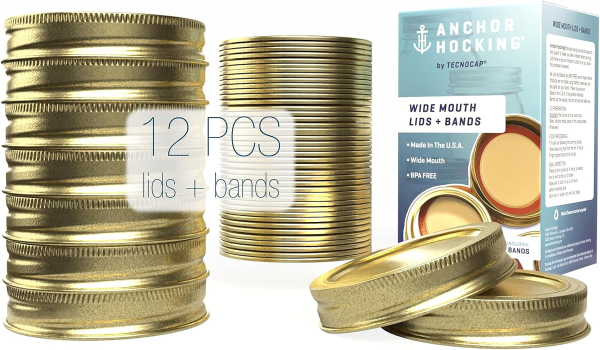 Wide Mouth Lids & Bands, Red Plastisol, Gold - 12 sets of Bands & Lids per box