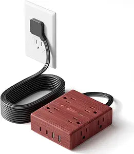 SUPERDANNY Brown Extension Cord 10Ft, Flat Plug Power Strip Surge Protector