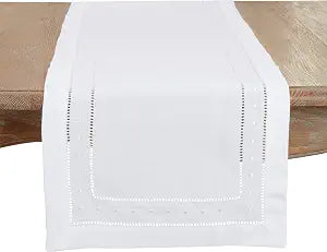 Saro Lifestyle Classic Hemstitch with Embroidered Border Table Runner, White, 16"x72"