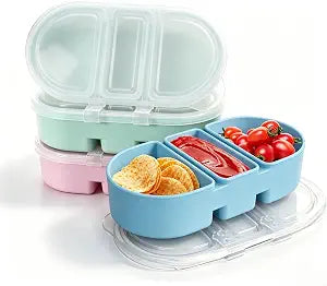 Silicone Snack Containers 3 Compartments Reusable Snackle Box with Lids Portable Food Storage for Picnic Lunch Office Gym School BPA-Free & Dishwasher Safe (Pink/Blue/Green)