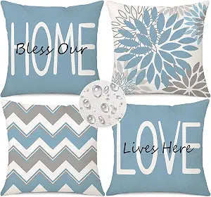 Blue Outdoor Waterproof Throw Pillow Covers 18 x 18 Set of 4 Floral Geometric Bless Our Home Love Lives Here Decorative Cushion Case for Patio Furniture Bedroom Sofa Couch