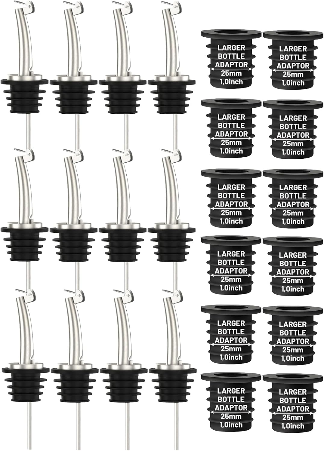 12-Pack Auto Flip Liquor Bottle Pourers with Adapters, Liquor Pour Spout Adapters set for for Large Olive Oil Bottles and Liquor Bottles - Up to 1 Inch/25mm Neck Converts Spout into Large Pour Spout