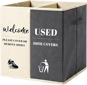 Shoe Cover Box with Door Hanging Sign  Foldable Double Compartment Storage Bin, Freestanding Dispenser Organizer for Home, Office, Entryway (Beige Gray)