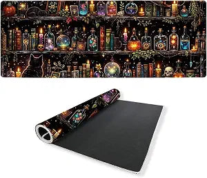 Black Cat Desk Mat 35.4 x 15.7 Inches Witchy Library Gothic Dark Academia Gaming Mouse Pad with Non-Slip Rubber Base, Smooth Cloth Surface Desk Keyboard Mat for Computer, PC, Laptop, Desktop