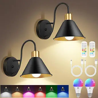 Frideko Rechargeable Wall Sconces Set of Two with Remote, RGB 15 Colors Dimmable Battery Operated Wall Lights for Living Room Bedroom, Indoor Black Wall Lamp with Timer Wireless
