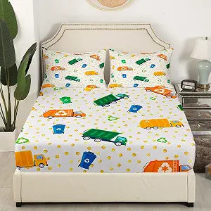 Garbage Truck Bedding Set Twin Size Cartoon Trash Truck Bed Set for Teens Bedroom Decor Green Yellow Vehicle Car Fitted Sheet Soft Garbage Truck Bed Cover(1 Fitted Sheet+1 Pillow Case) No Flat Sheet