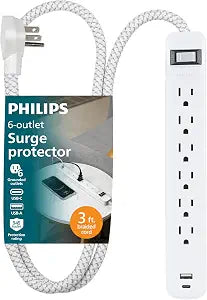 Philips Surge Protector Power Strips with USB Ports, 3 Ft Braided Extension Cord, 945 Joules, 6 Outlet Extender, 1 USB-A, 1 USB-C, Flat Plug, ETL Safety Listed, Black, SPP87608/37-T1