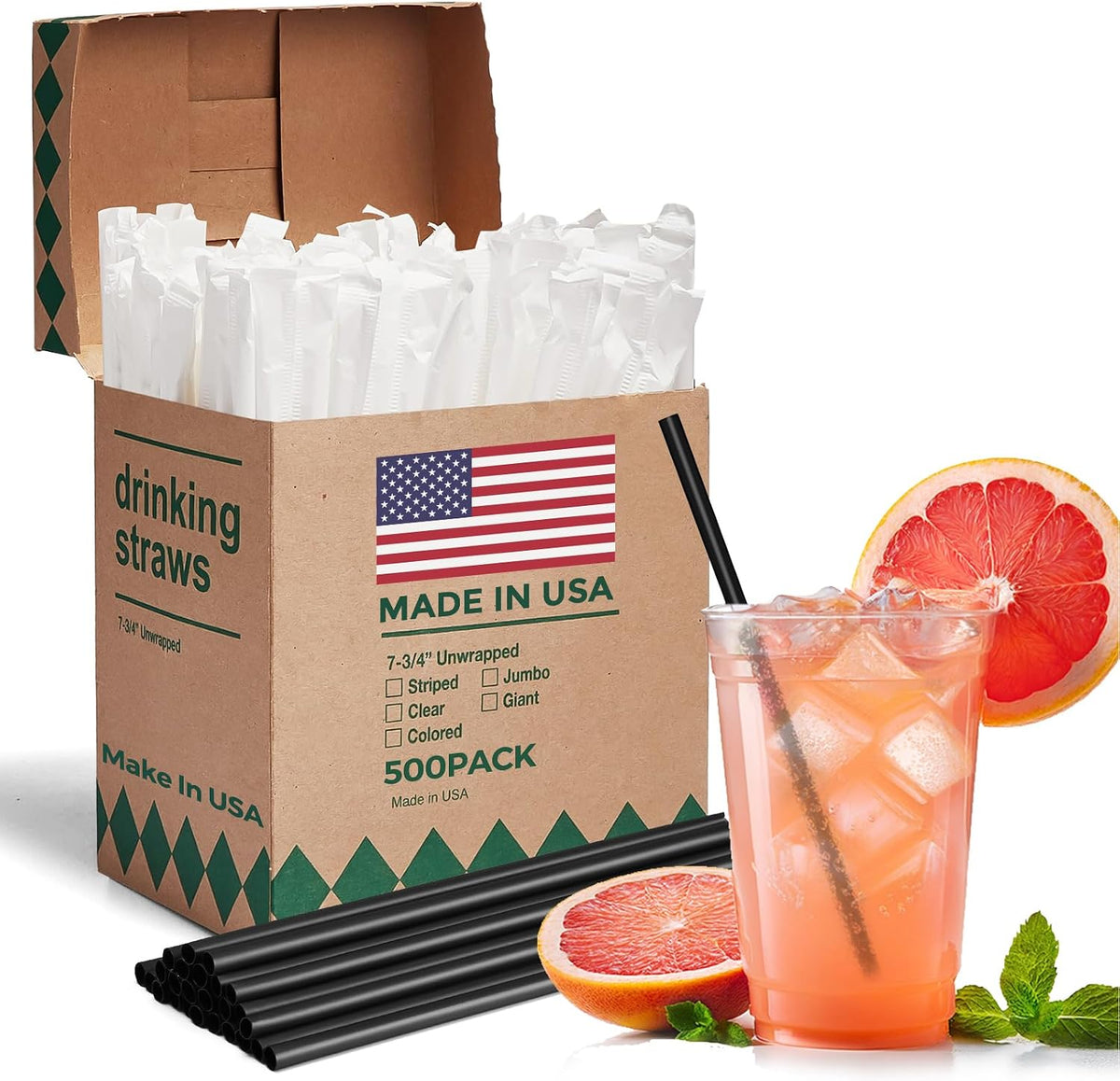 Glotoch 500 PCS Individually Wrapped Black Plastic Straws, 7.75'' Long
