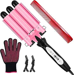3 Barrel Curling Iron - Crimper Hair Tool 1" Ceramic Hair Crimper & Crimping Iron | Triple Barrel Hair Waver for Women Beach Waves, Dual Voltage, 2 Temp Settings