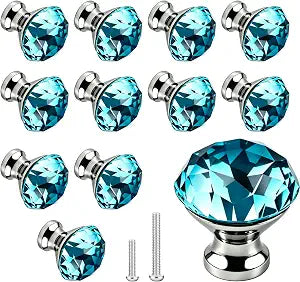 10 Pcs 30mm Silver Plated Base Diamond Shape Crystal Glass Cabinet Knob Drawer Knob Pull Handle Used for Kitchen, Dresser, Door, Cupboard (Azure)