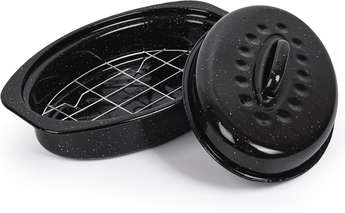 13'' Roasting Pan with Lid and Rack, Small Enameled Chicken Roaster for Oven