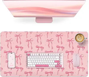 Pink Desk Mat, Large Mouse Pad Pink Bow Keyboard Mat Computer Pad, Cute Girly Pink Desk Accessories, PU Leather Desk Pad Protector, Waterproof Desk Blotter Writing Pad Non-Slip Base, 31.5 x 15.7