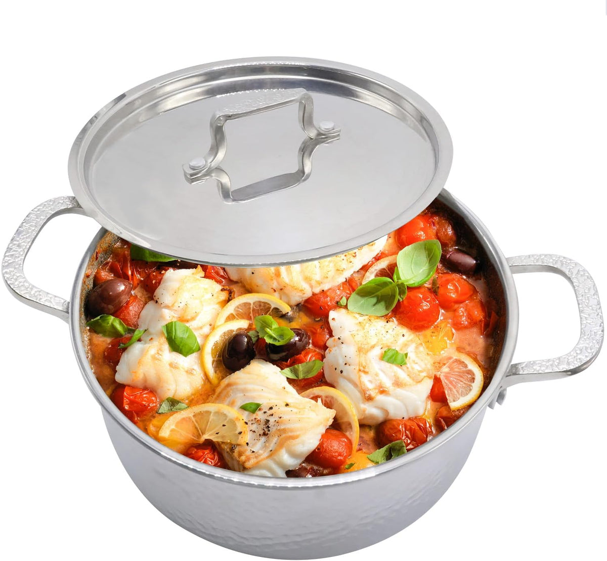 Vivicreate Tri Ply Stainless Steel Stock Pot with Lid 5 Quart Hammered Stockpot Induction Cooking Pot Soup Pot Compatible with All Stovetops (5QT)