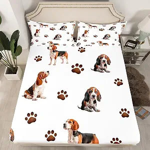 Cute Beagle Dogs Bed Sheet Set Lovely Dog Puppies Fitted Sheet Set for Teens Room Decor Cartoon Paw Print Bedding Set Pet Brown White Bed Cover with Deep Pocket,No Flat Sheet,Full Szie