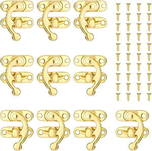 10 PCS Antique Jewelry Box Latch, Antiques Hook Hasp Latchs with Mounting Screws Mini Swing Arm Clasp Latchs Thickened Solid Antique Right Latch Hook Hasp Horn Lock for Jewelry Box Cabinet(Gold)