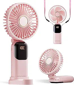 GOCKERA Portable Fan, 4200mAh Battery Operated Fan, 5 Speeds&Digital Display, Makeup Fans for Women with Base, 180Foldable 3in1 Handheld/Neck/Desk Fan for Outdoor Indoor,Ultra Quiet (Pink)