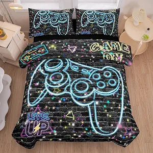 5Pcs Gaming Comforter Set, Blue Lighting Effect 3D Gaming Contoller Themed Printing Gaming Bedding Sets for Kids Teen Boys,Twin Comforter Sets for Boys