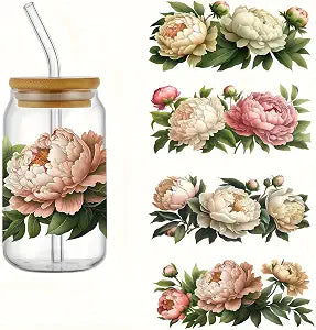 4pcs 2D Flat Peony Flower Leaf UV DTF Cup Wraps Transfer Waterproof Sticker for Glass Cups Furniture Craft DIY CraftsRub on Transfer Stickers for DIY Water Bottle Laptop Decal Wood Car