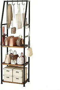 Hall Tree with Hanging Hooks,Heavy-Duty Metal Coat Rack with Shoe Shelves,3-Tier Purse Stand Handbag OrganizerSuitable for Hallway,Bedroom and Bathroom (Brown)