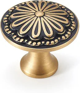 Flower Brass Cabinet Knobs, Brushed Gold Black, 2 Pack