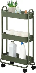 SunnyPoint Slim Rolling Storage Cart, 3 Tier Bathroom Storage Organizer Bathroom, Laundry Utility Cart (Army)