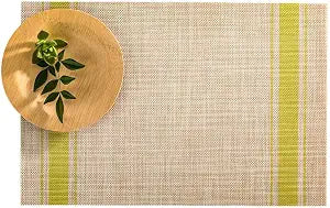 Restaurantware French Countryside 16 x 12 Inch Dining Table Placemats Set Of 6 Heat-Tolerant Kitchen Table Mats - Pear Stripe No Stain Khaki Vinyl Woven Rectangle Placemats Easy To Clean