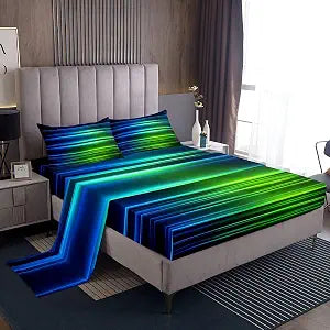 Feelyou Blue Green Ombre Sheet Set Twin for Kids Toddler, Blue Green and Black Sheets with Deep Pocket Fitted Sheet Gradient Lines Bed Sheets Set Geometric Abstract Ombre Bedding Set 3Pcs