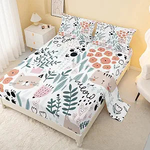 CVHOUSE Cat Fitted Sheet Twin Size,Cartoon Cat Bed Sheet Set for Kids Teens,Kawaii Bedding Set,1 Flat Sheet & 1 Fitted Sheet with 2 Pillow Cases - 4 Piece