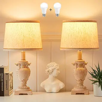 Table Lamps Set of 2, Bedside Lamps with 2 LED Bulbs, Resin Bedroom Lamps