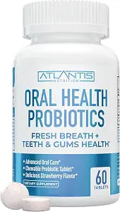 Atlantis Nutrition Oral Probiotics Chewable Tablet - Dental Probiotic for Gum Care & Teeth Care - Bad Breath Treatment for Adults - 3 Billion CFU Probiotic Blend/Tablet - Strawberry Flavor- 60 Tablets