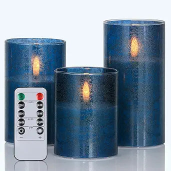 Flickering Flameless Candles with Remote, Blue Glass LED Candles for Home