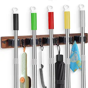FunCee Broom Holder Wall Mount With 5 Slots & 4 HooksRustic Wood Broom & Mop HangerWall Mounted Garden & Garage Tool Storage Organizer Rack for Closet Laundry Room or Kitchen Wall Decor