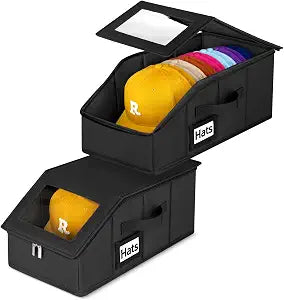 Dofilachy 2 Pack Stackable Hat Storage for Baseball Caps, Holds 28 Caps - Closet Organizer Box with Clear Window & CardboardSturdy Snapback Hat Boxes for Home Storage (dark, 2)